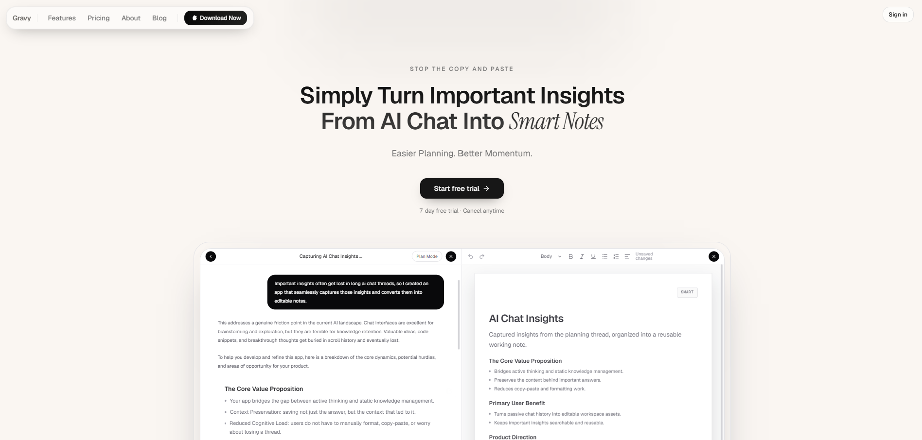 Homepage for gravynotes.com. An AI Chat Notebook for everyday people.
